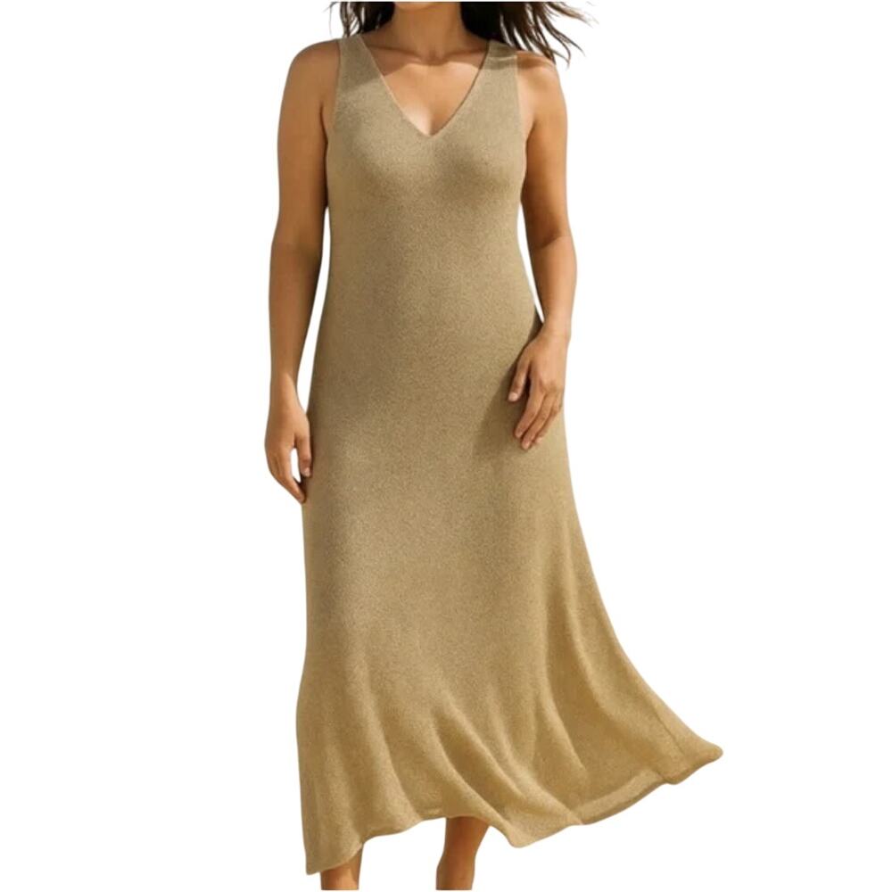 Yunika Dress Midi WMNS S/M Gold Metalic Sparkle Knit Minimalist Luxe Eveningwear